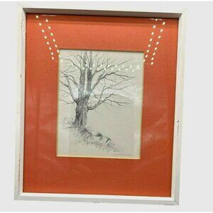 Artist Signed Original Graphite Landscape Vern Hippensteal Tree with Baskets Mat